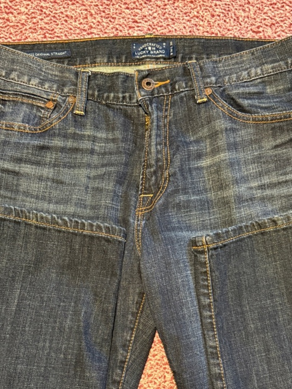 Lucky Brand Men's Relaxed Jeans in Distressed Blue with Tan Stitching
